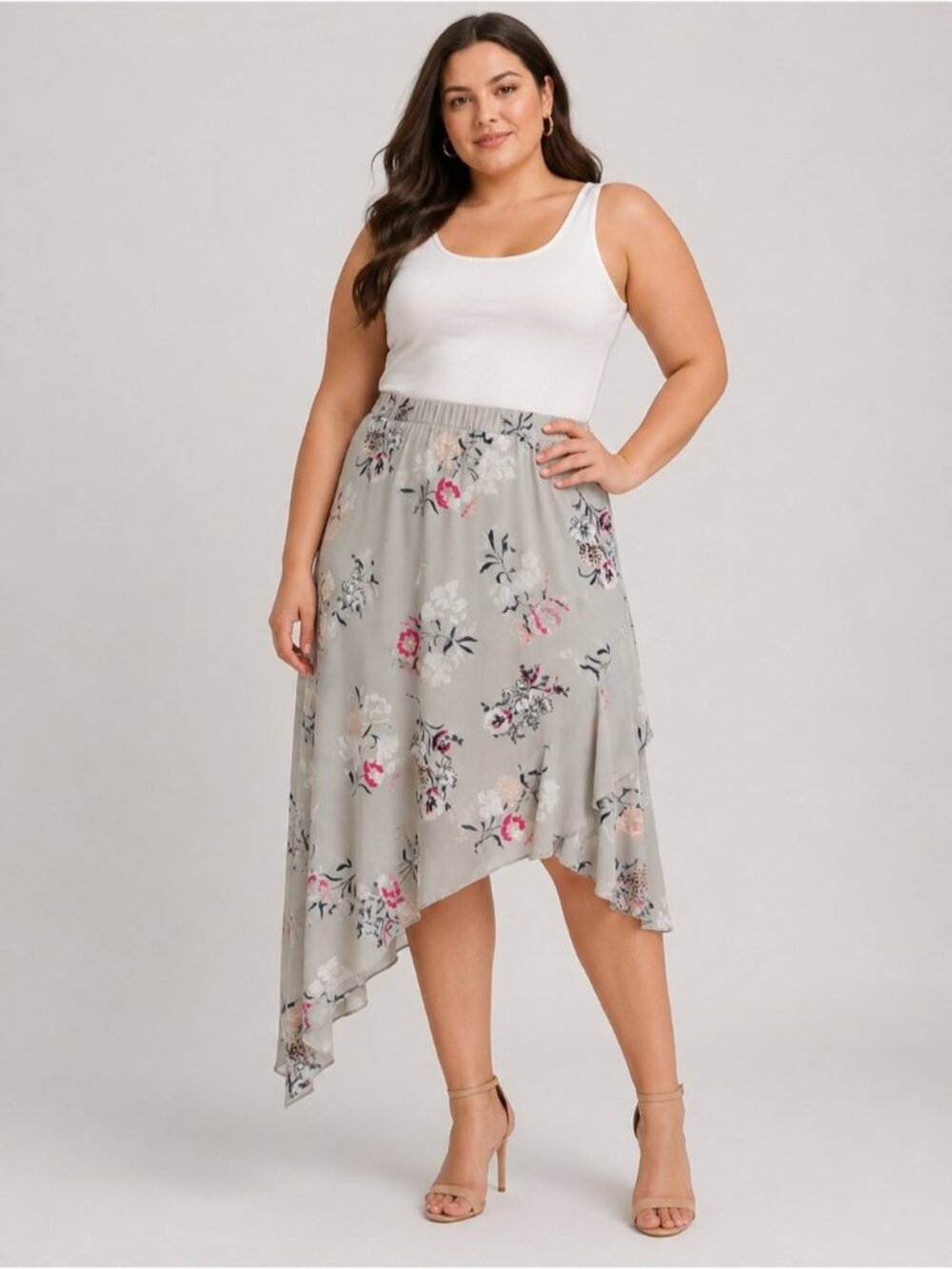 Penningtons Gray Floral Asymmetrical Chiffon Skirt Women's Size 2X Midi Elastic